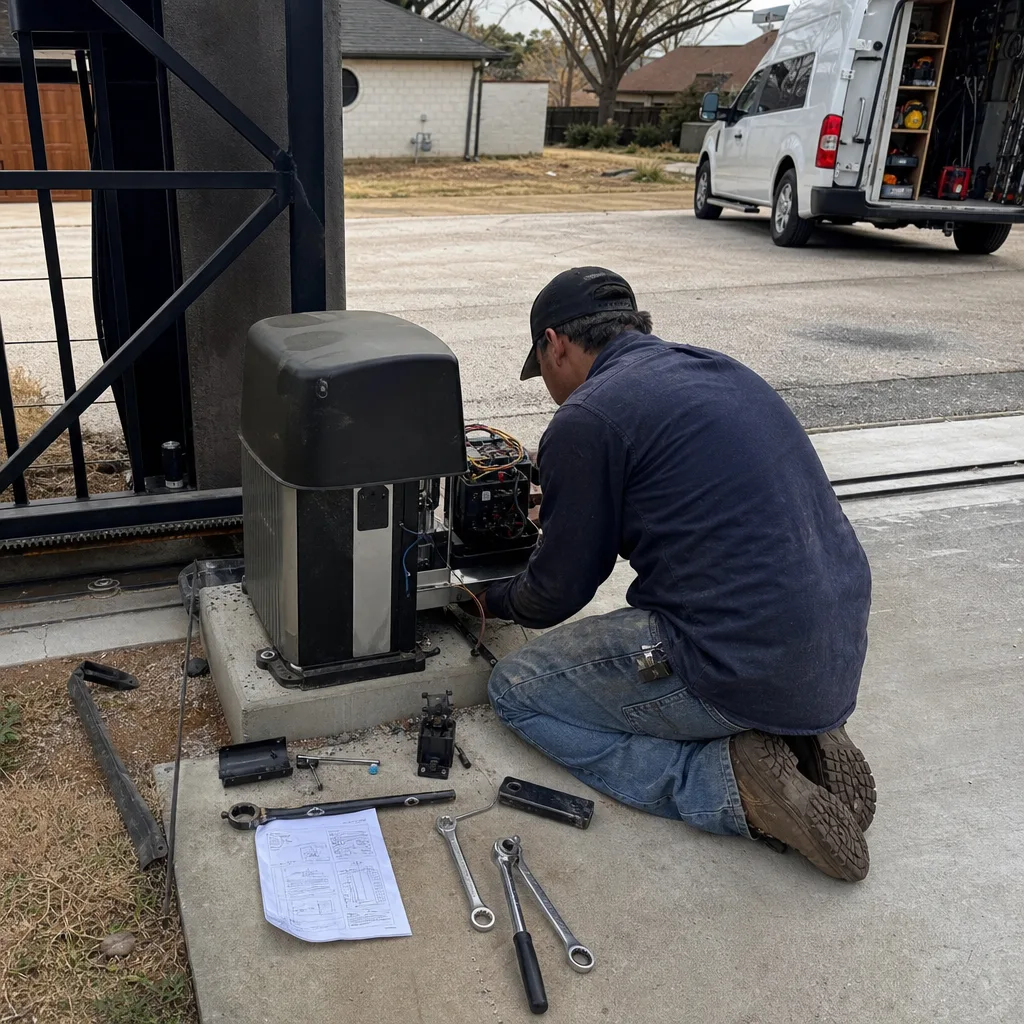Technician performing professional electric gate repair and maintenance service