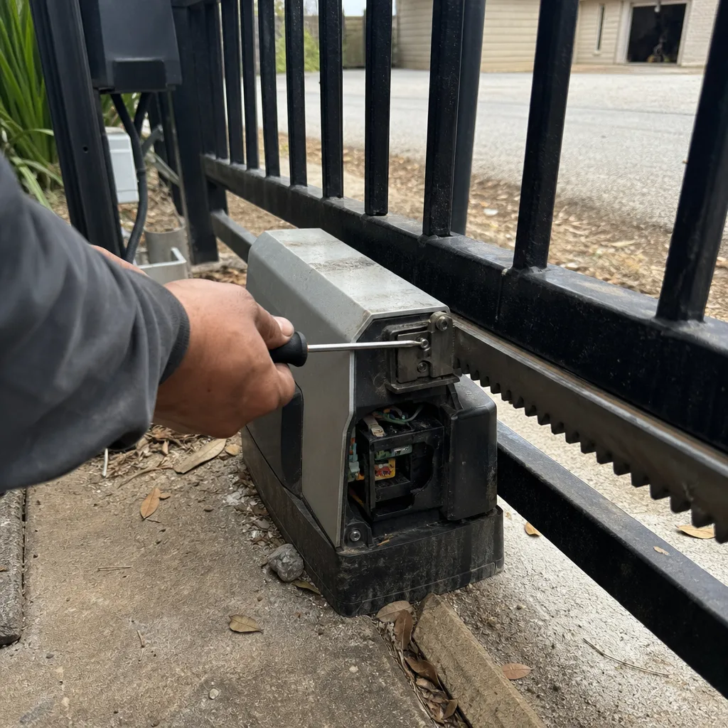 Technician performing electric gate motor repair and maintenance