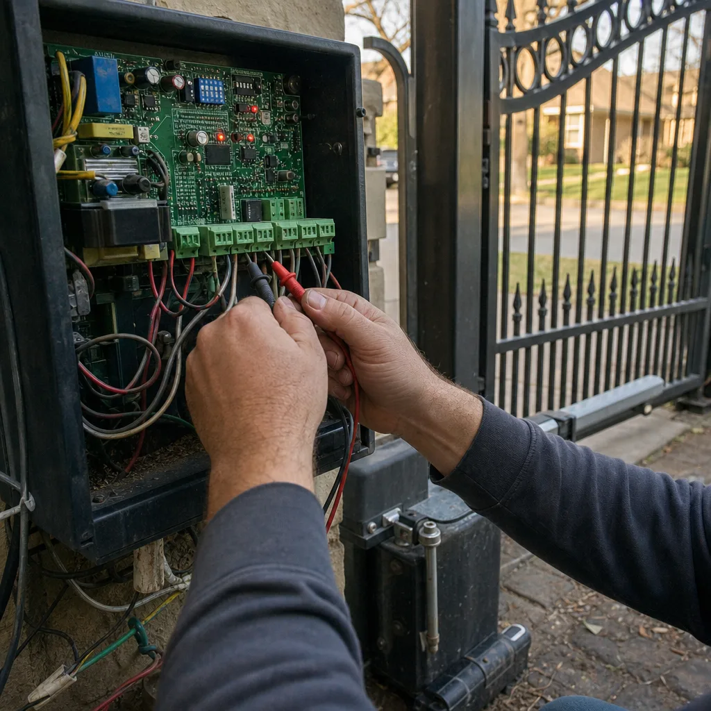 Technician performing electrical maintenance and repair on an automatic gate system
