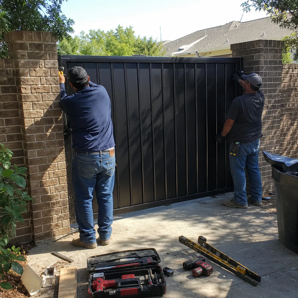 Two professional technicians installing a black metal gate between brick pillars