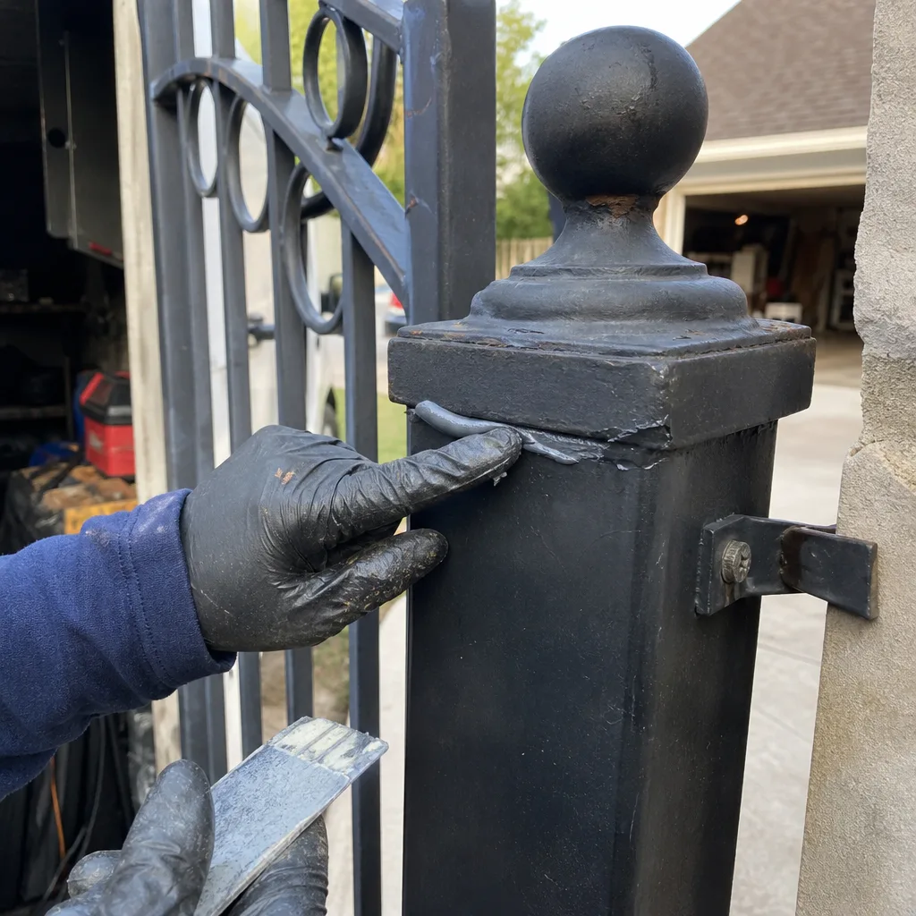 Professional contractor applying weather-resistant sealant during metal gate post repair