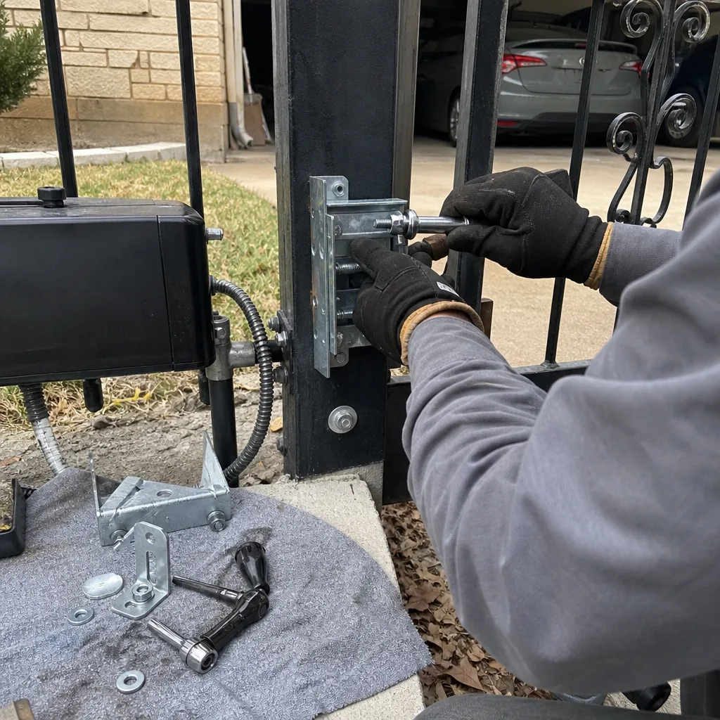 Technician performing professional repair on a residential automatic gate hardware